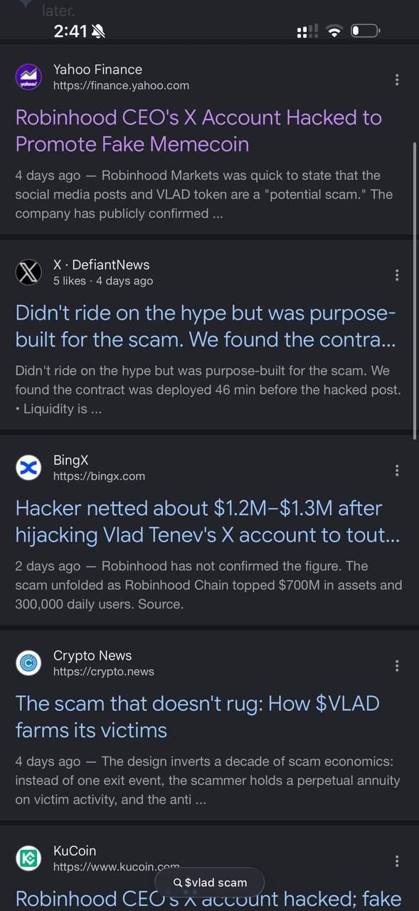 Search results: Yahoo, DefiantNews, BingX, Crypto News, KuCoin all reporting the VLAD scam
