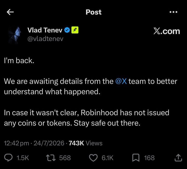 Vlad Tenev post: Robinhood has not issued any coins or tokens
